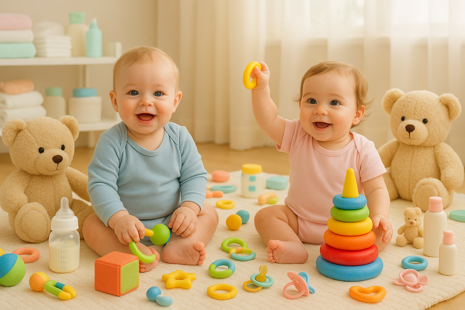 babies sitting with toys and baby essential items